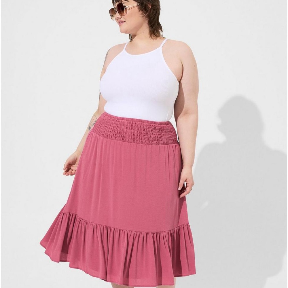 TORRID Midi Washable Gauze Smocked Waist Pink Tiered Skirt
